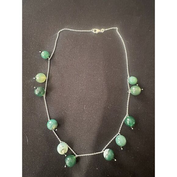925 Sterling Silver Green Agate Black Spinel 18” Beaded Necklace